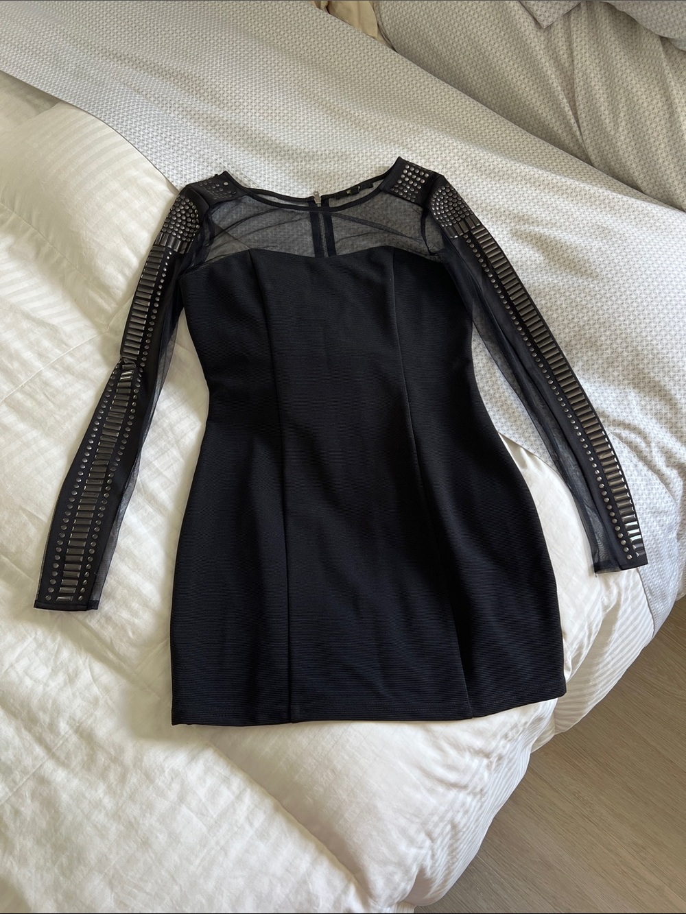 Black Mesh-Accent Long-Sleeve Mini Dress